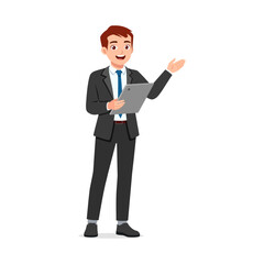 Man Holds Tablet, Extends Hand in Presentation. Businessman with Suit and Tie Presenting Data