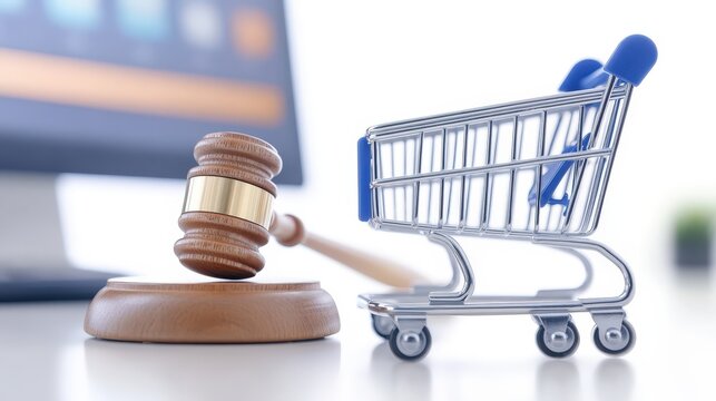 A gavel sits next to a shopping cart, symbolizing the intersection of law and online commerce in a digital environment. - Powered by Adobe