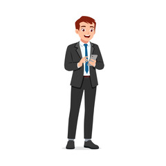 Fototapeta premium Man in Suit Texting on Smartphone While Smiling and Standing Upright in an Isolated Background