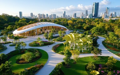 Futuristic botanical garden showcasing sleek architecture amidst urban skyline and lush greenery