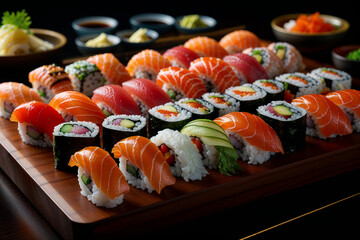 Elegant sushi platter with fresh salmon, tuna, and assorted rolls served on a wooden board with traditional Japanese condiments