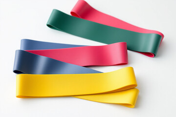 Fitness equipment colorful resistance bands home gym indoor top view strength training essentials