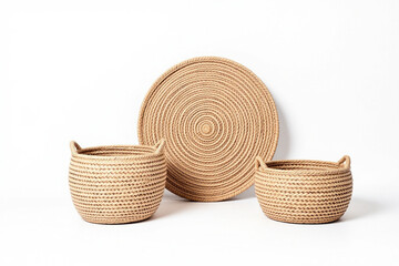 Stylish woven baskets and tray modern home decor studio setting minimalist aesthetic