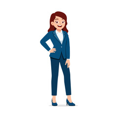 Young Woman Posing with Hand on Hip, Smiling with Dark Red Hair in Professional Blue Suit