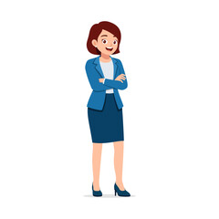 Businesswoman in formal blue suit standing with crossed arms and smiling in cartoon vector design