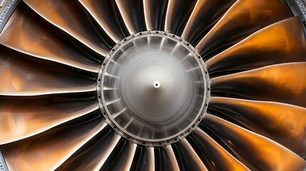 Detailed view of an airplane turbine fan, showcasing engineering precision