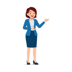 Cartoon Woman in Formal Blue Business Attire Gesturing with Open Hand for Presentation or Explanation