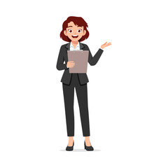 Businesswoman holds clipboard and presents information with a smile and an open palm gesture.