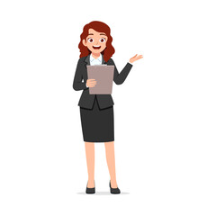 Businesswoman Holding Clipboard Explaining Something with Hand Gestures in Formal Suit and Skirt