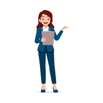 Businesswoman in suit presentating and holding clipboard with smile on white background vector art