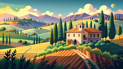 idyllic Tuscany landscape with vineyards and a manor house