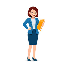 Cartoon woman hold document stand smiling wearing blue suit isolated on white background