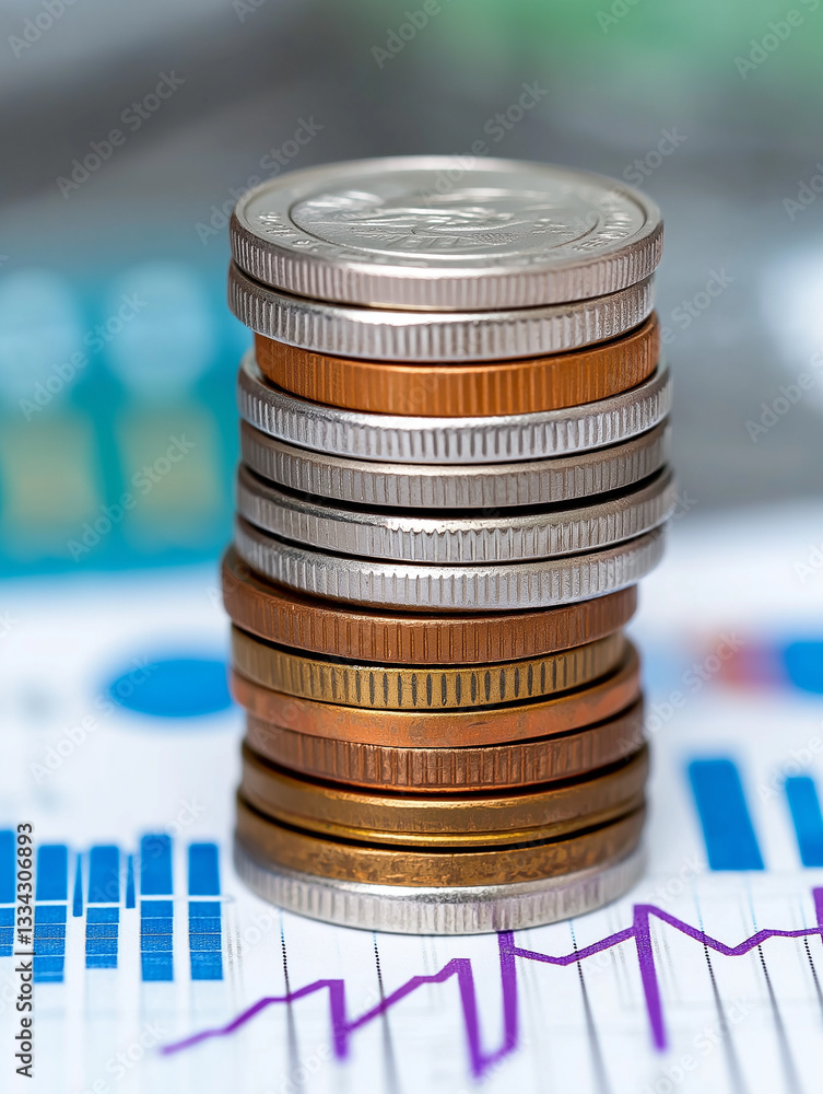 Poster stack of coins standing on financial charts showing growth