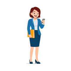 Woman Holds Mobile Phone and Book. Businesswoman Smile and Stand Confidently