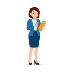 Businesswoman checking smartphone and holding document in office attire smiles