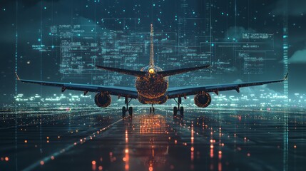 Airplane on runway at night with digital overlay.