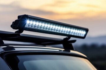 Powerful led light bar mounted on car roof rack enhancing visibility during golden hour