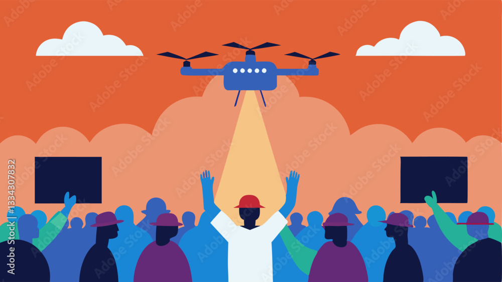 Poster event coverage an operator controlling a drone above a large outdoor festival capturing the crowd an