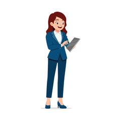Businesswoman in formal suit using digital tablet with smile, looking at screen and touching it