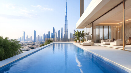 Fototapeta premium Impressive spacious penthouse terrace with pool and views of Dubai. Skyscrapers of the United Arab Emirates