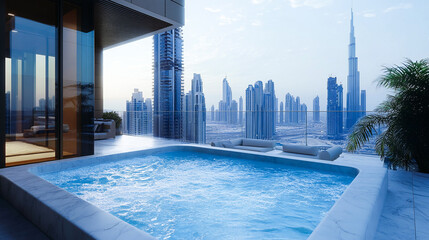 Fototapeta premium Impressive spacious penthouse terrace with pool and views of Dubai. Skyscrapers of the United Arab Emirates