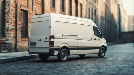 White Cargo Van Parked on Cobblestone Street Urban Delivery Service Vehicle