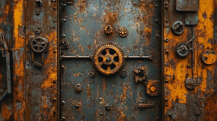 Rusty Metal Door with Gears and Levers - Industrial Steampunk Design