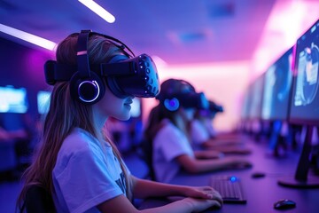 Girl in VR headset gaming in esports arena