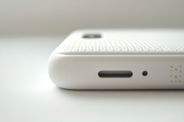 Close-up of a white smartphone's side, showcasing its textured design and ports.
