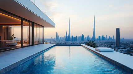 Fototapeta premium Impressive spacious penthouse terrace with pool and views of Dubai. Skyscrapers of the United Arab Emirates
