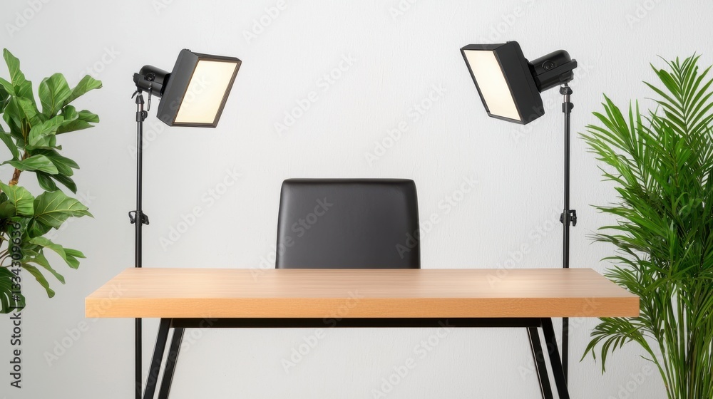 Poster interview guest conversation concept, sleek interview setup with modern desk and professional lighti