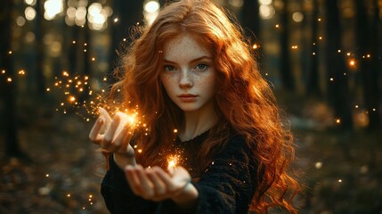 Spellbinding Red-Haired Lady Wizard Summoning Magic in Enchanted Forest