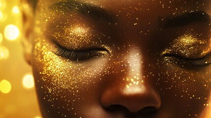 Elegant African American Woman with Sparkling Gold Face Makeup