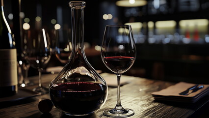 A wine decanter sits elegantly on restaurant table, accompanied by wine glasses filled with rich, red wine. The warm lighting and refined setting create a sophisticated and inviting dining atmosphere.