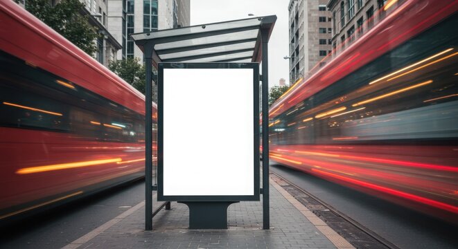 Street banner mockup PSD. Empty bus shelter with blurred red buses in urban setting
