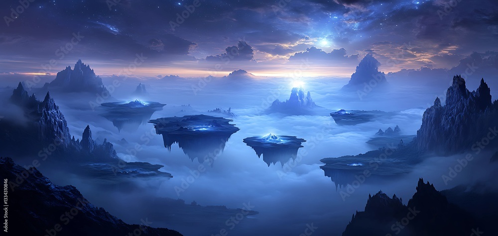Wall mural a vast desolate landscape with floating islands and thick fog illuminated by celestial light.