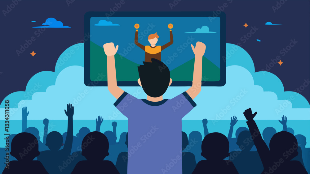 Poster event highlights a gamer standing in front of a large screen displaying epic game moments with an en