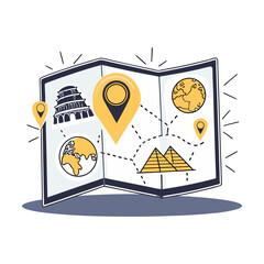 Travel map vector with famous landmarks and location markers. Minimalist and modern illustration symbolizing adventure, exploration, tourism, and global discovery.