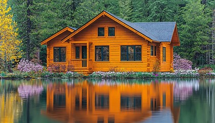 Fototapeta premium A log cabin home reflects beautifully in the tranquil water