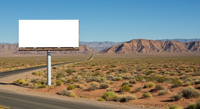 Street banner mockup PSD. Blank billboard in desert landscape