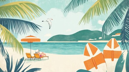 Obraz premium Tranquil Tropical Beach Paradise: Relaxing Under Palm Trees