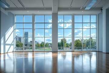 A spacious interior room with large windows offering beautiful views