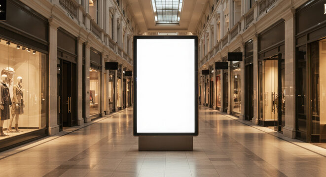Street banner mockup PSD. Blank advertising display in empty shopping mall