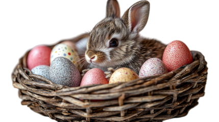 A Sweet Baby Bunny Nestled Amongst Colorful Easter Eggs In A Rustic Woven Basket, A Charming Springtime Scene Of Fluffy Fur And Speckled Delight Isolated on Transparent Background