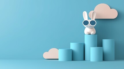 Adorable bunny with solar powered goggles hopping on blue cylindrical platforms under a sunny sky