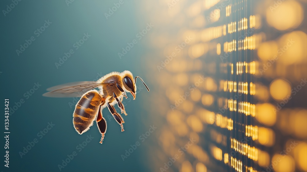 Poster futuristic bee operating in ai environment with digital data streams and advanced technology concept