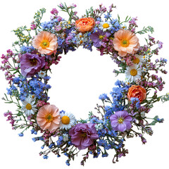 A Vibrant Spring Floral Wreath, Bursting With Peach, Purple, And Blue Blossoms Creating A Joyful And Delicate Celebration Of Natures Beauty Against A Clean Isolated on Transparent Background