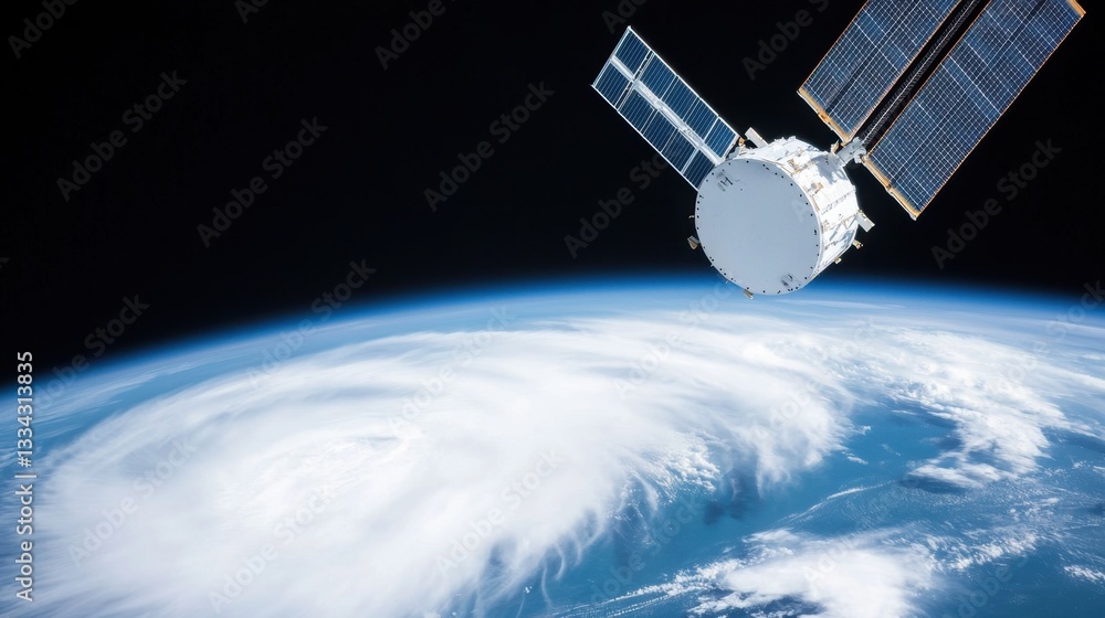 Poster weather report forecast concept, satellite in orbit over earth capturing weather patterns and storm 
