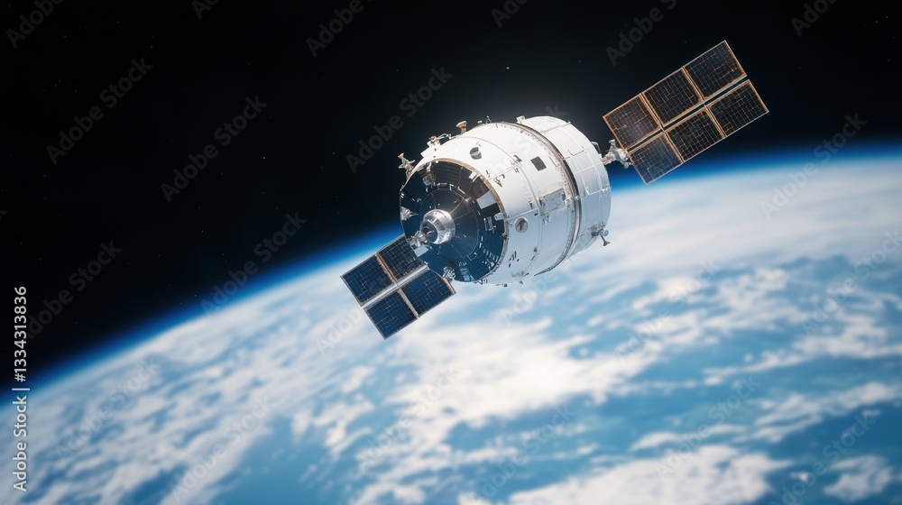 Poster weather report forecast concept, satellite in orbit around earth transmitting weather data and monit