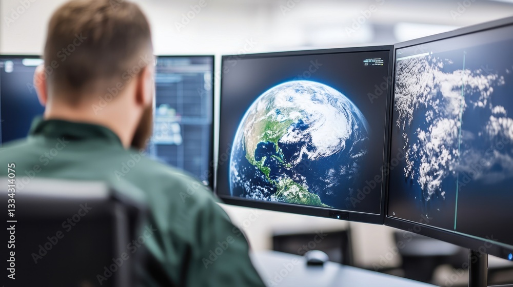 Poster climate change study concept, computer generated image displaying earth's climate projections on mul
